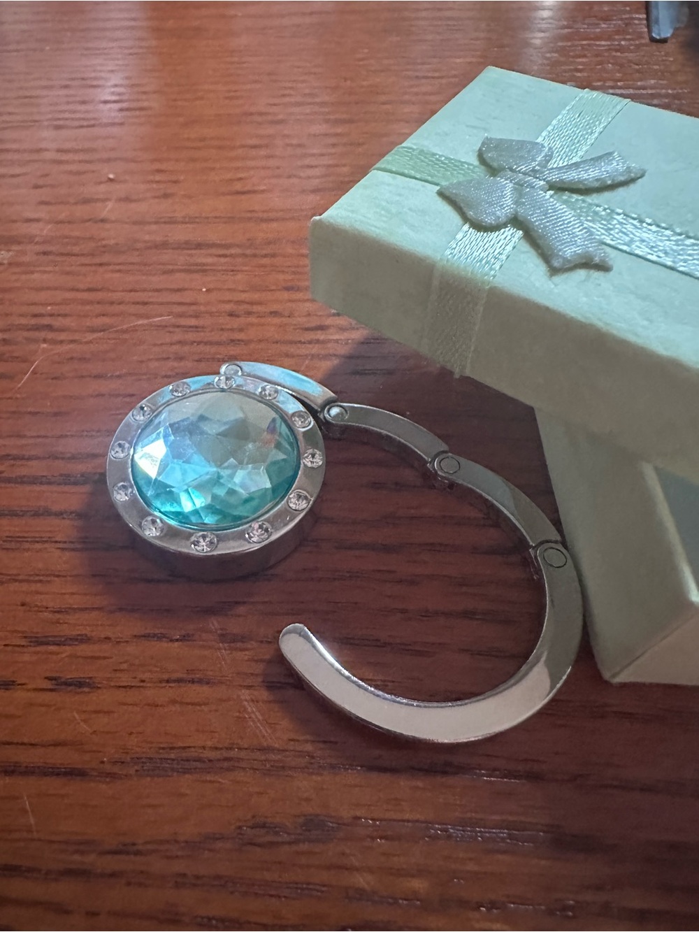 Silver Handbag Hook with Aqua Faceted Crystal Accent